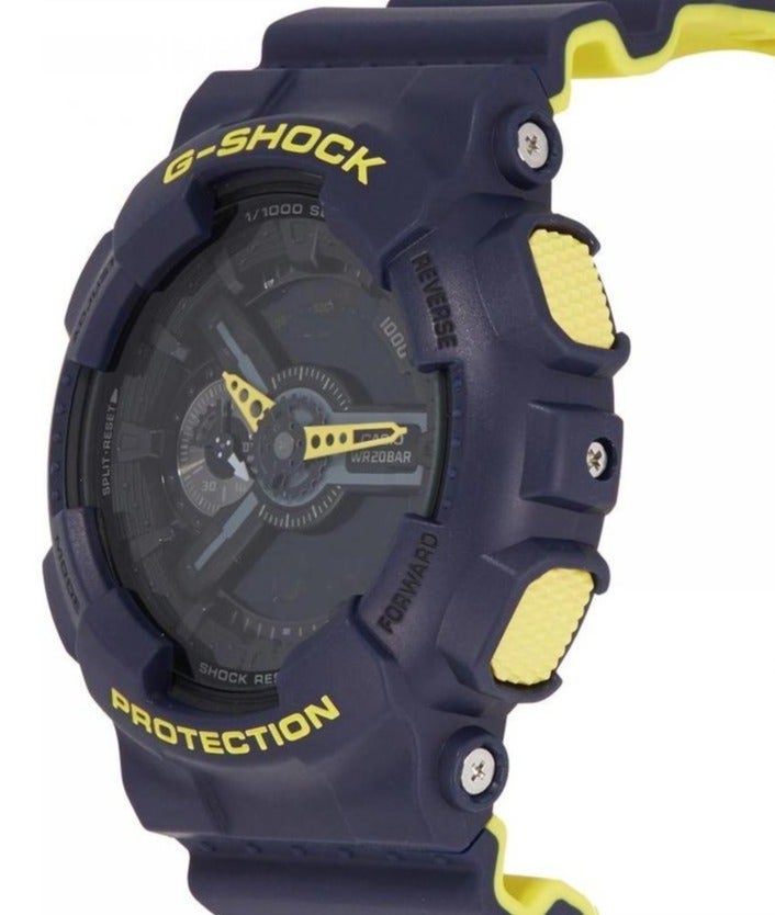 كاسيو ساعة كاسيو G-Shock GA-110 برزنتين باللونين الأزرق الداكن والأصفر من الراتينج مع إضاءة خلفية LED ومقاومة للصدمات - Image 2