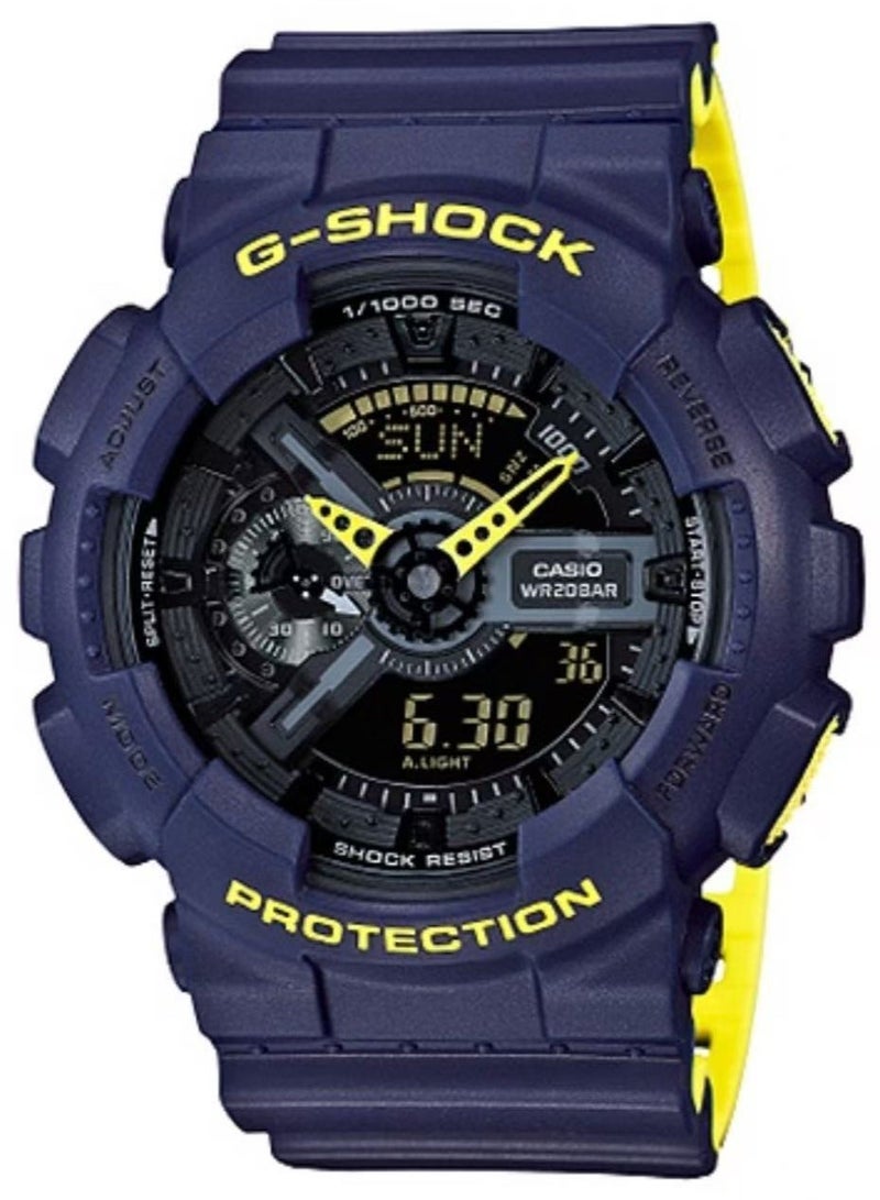 كاسيو ساعة كاسيو G-Shock GA-110 برزنتين باللونين الأزرق الداكن والأصفر من الراتينج مع إضاءة خلفية LED ومقاومة للصدمات - Image 1
