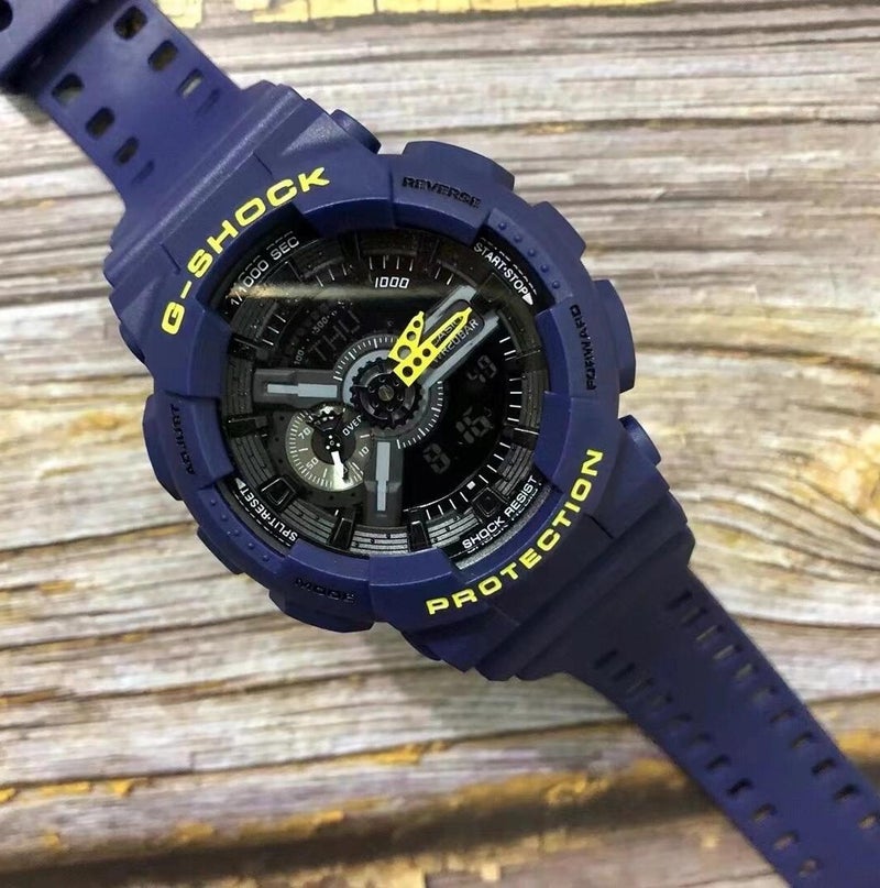 كاسيو ساعة كاسيو G-Shock GA-110 برزنتين باللونين الأزرق الداكن والأصفر من الراتينج مع إضاءة خلفية LED ومقاومة للصدمات - Image 4