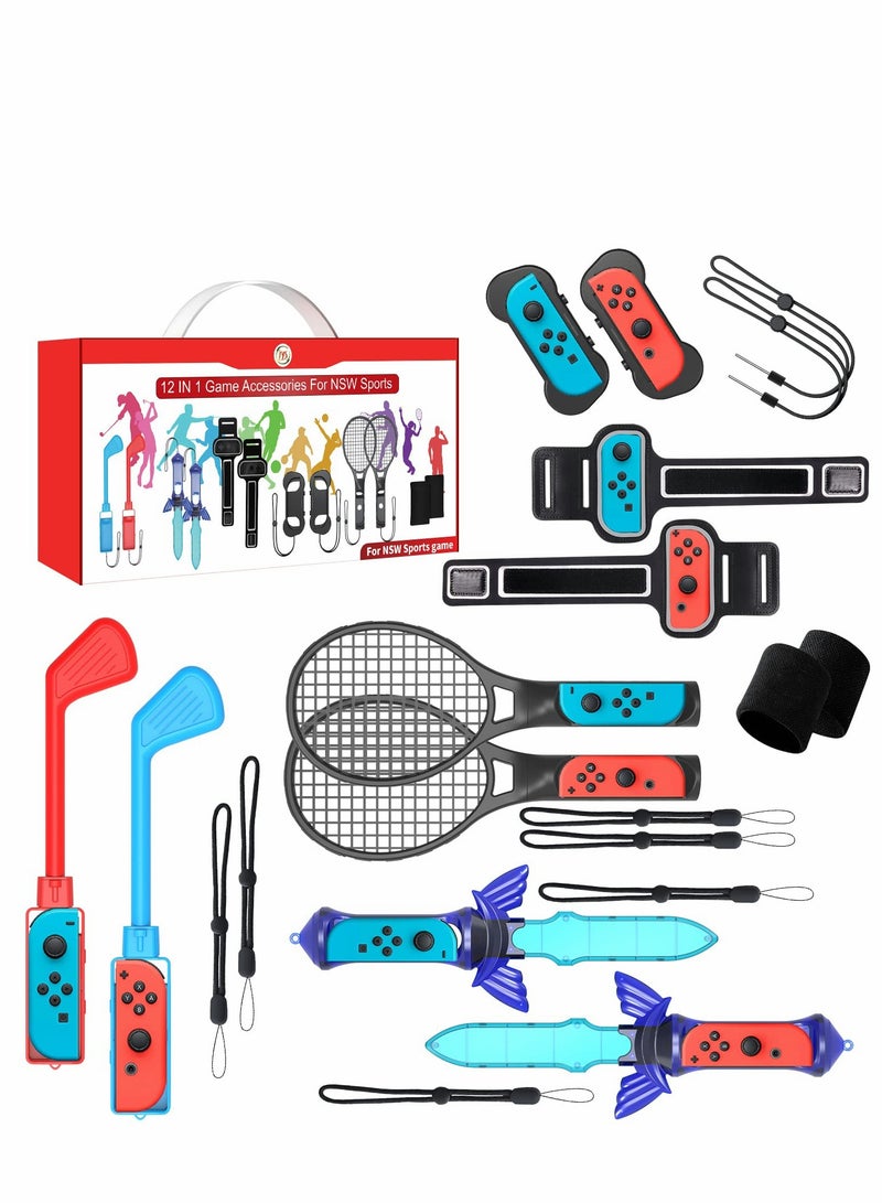 Excefore 2022 Switch Sports Accessories Bundle 12 in 1 Family Kit for Nintendo Games Tennis Rackets, Sword Grips, Golf Clubs, Wrist Dance Bands & Leg Strap, Joy-con Band  - Image 1
