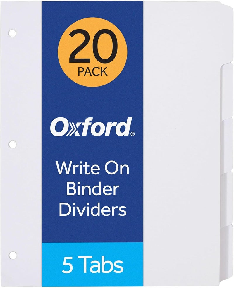 Oxford Blank Write On Binder Dividers, 1/5 Cut Tabs, 3 Hole Punch Dividers in 5 Tab Sets, 100 Dividers, 20 Sets, White (89981) - Image 1