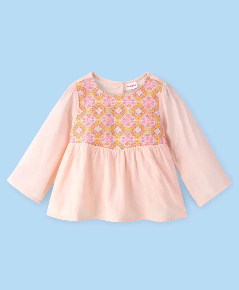 babyhug Babyhug Full Sleeves 100% Rayon Woven Gathered Top with Embroidery Detailing - Peach
