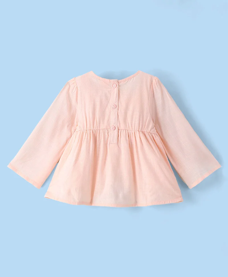 babyhug Babyhug Full Sleeves 100% Rayon Woven Gathered Top with Embroidery Detailing - Peach