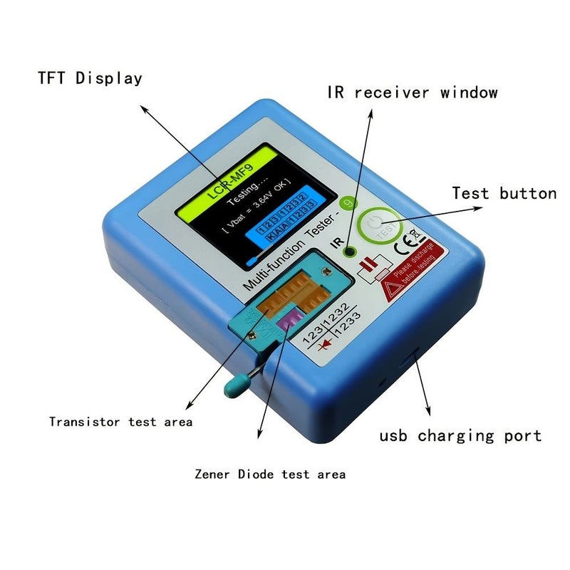 جهاز اختبار الترانزستور LCR-TC1 مع شاشة TFT LCD، جهاز قياس متعدد للديود والترايود والمكثف والمقاوم وMOSFET وPNP وNPN والترياك وMOS، أداة تشخيص الدوائر وقياس المكونات بدقة. - Image 2