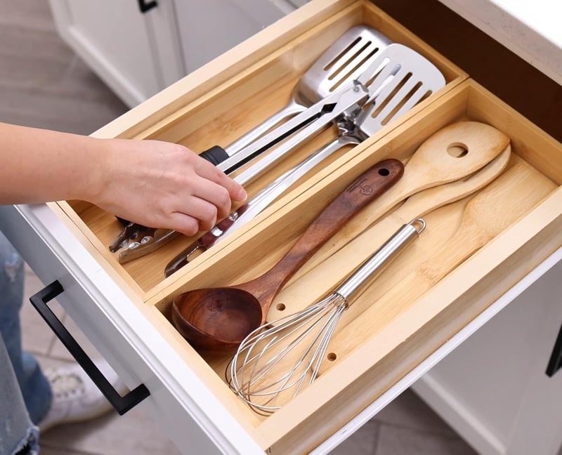 Fabsome Classic practical design Kitchen Utensil Drawer Organizer, Bamboo Silverware Cutlery Flatware Organizer Bins for Drawer, Wooden Container Storage Trays for Bathroom Vanity Junk Drawer, 15" x 6" Set of 2 Adjustable build - Image 2
