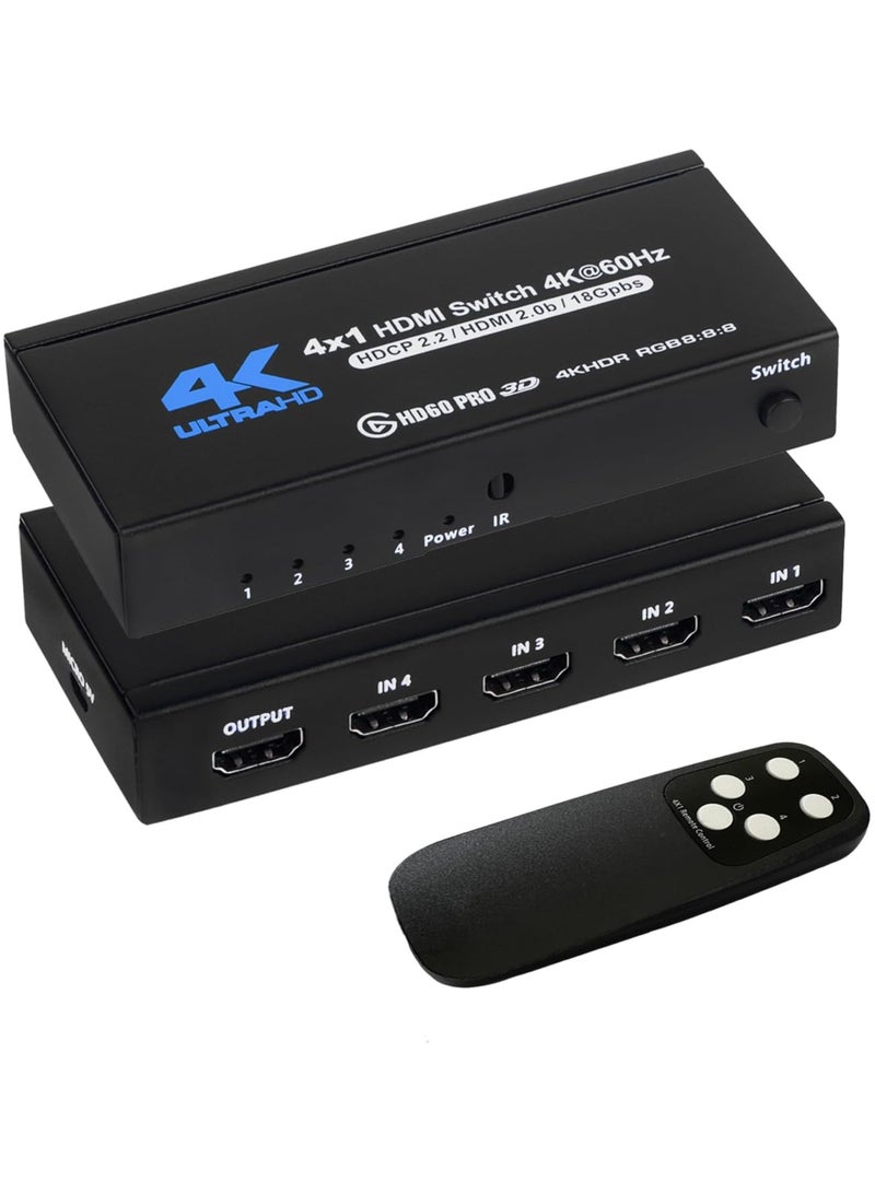 4K HDMI Switch 4x1 – 4 in 1 Out HDMI Selector with Remote Control – Supports 4K@60Hz, HDR10, HDCP 2.2, Dolby, 3D – Compatible with PS4, Xbox, Apple TV, Fire Stick  - Image 1