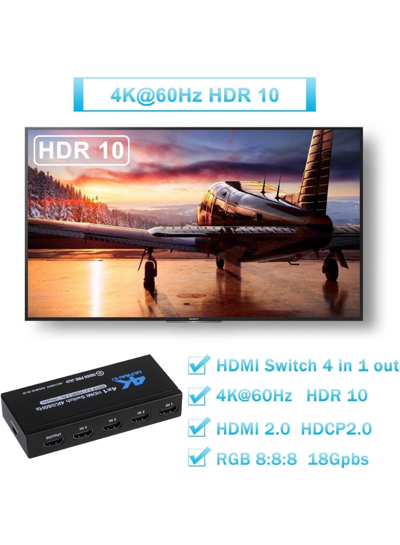 4K HDMI Switch 4x1 – 4 in 1 Out HDMI Selector with Remote Control – Supports 4K@60Hz, HDR10, HDCP 2.2, Dolby, 3D – Compatible with PS4, Xbox, Apple TV, Fire Stick  - Image 4