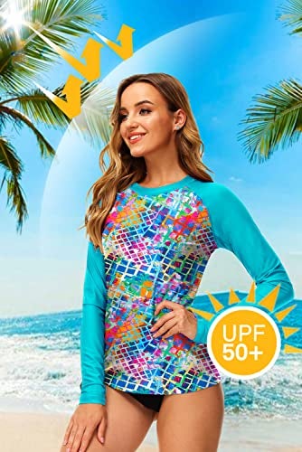 Deerose Rash Guard for Women Long Sleeve SPF UPF 50+ Swim Tops Floral Printed Color Block Rashguard Swimwear Aqua Multicolored S - Image 2
