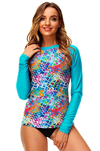 Deerose Rash Guard for Women Long Sleeve SPF UPF 50+ Swim Tops Floral Printed Color Block Rashguard Swimwear Aqua Multicolored S - Image 3
