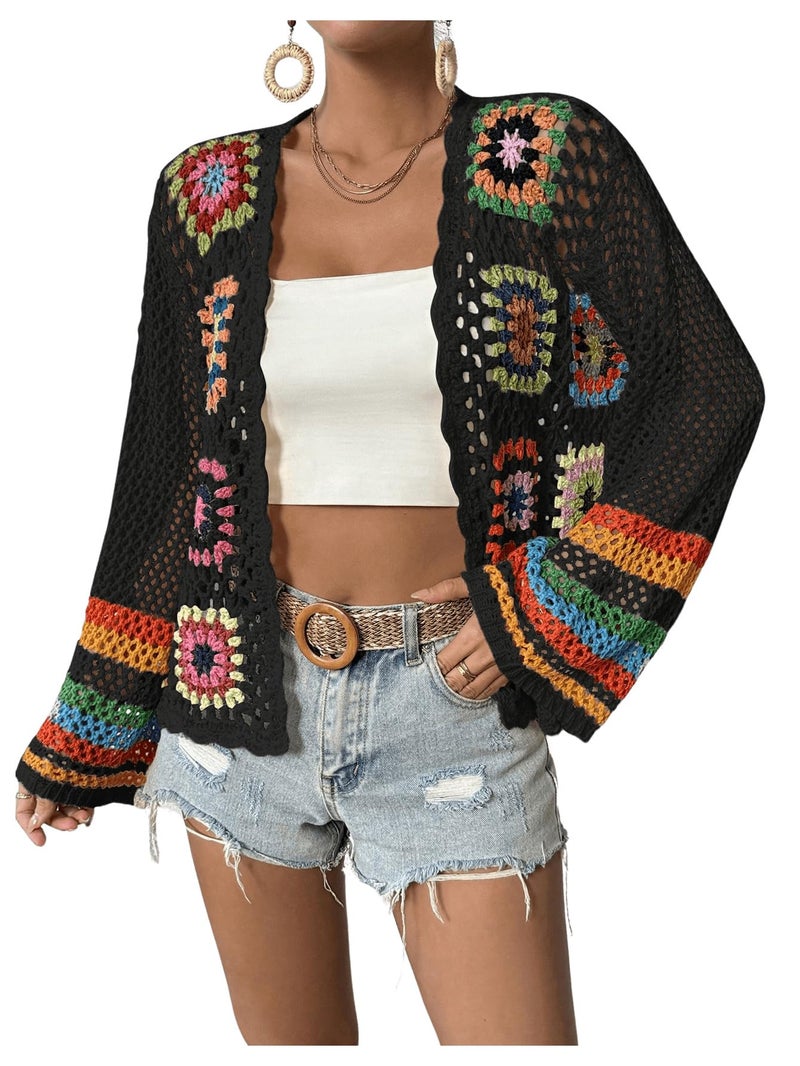 SHENHE Women's Floral Crochet Cardigan Hollow Out Open Front Long Sleeve Cardigan Sweater Black M - Image 3