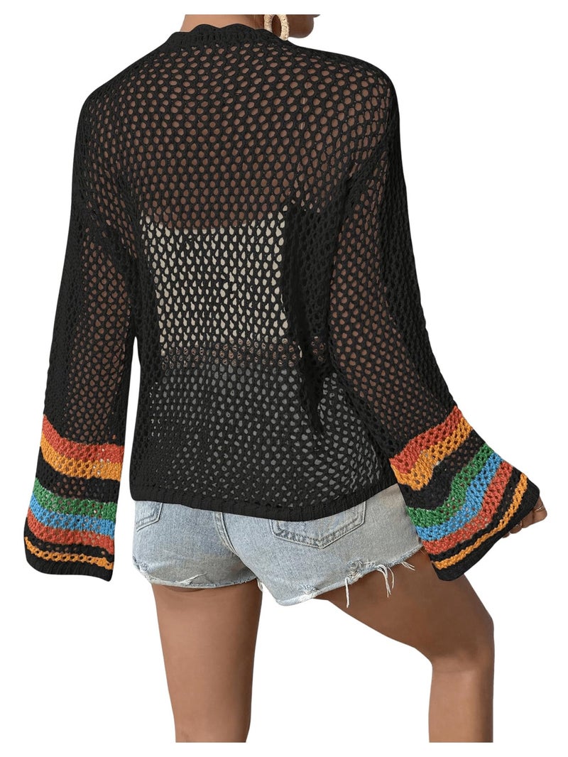 SHENHE Women's Floral Crochet Cardigan Hollow Out Open Front Long Sleeve Cardigan Sweater Black M - Image 4