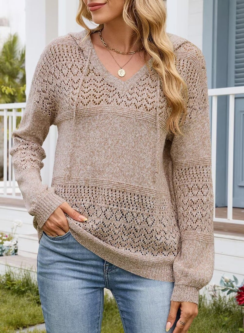 FEKOAFE Womens Causal V Neck Hollow Out Long Sleeve Hoodies Lightweight Pullover Sweaters for Women 2026 Fall Tops Khaki L - Image 3