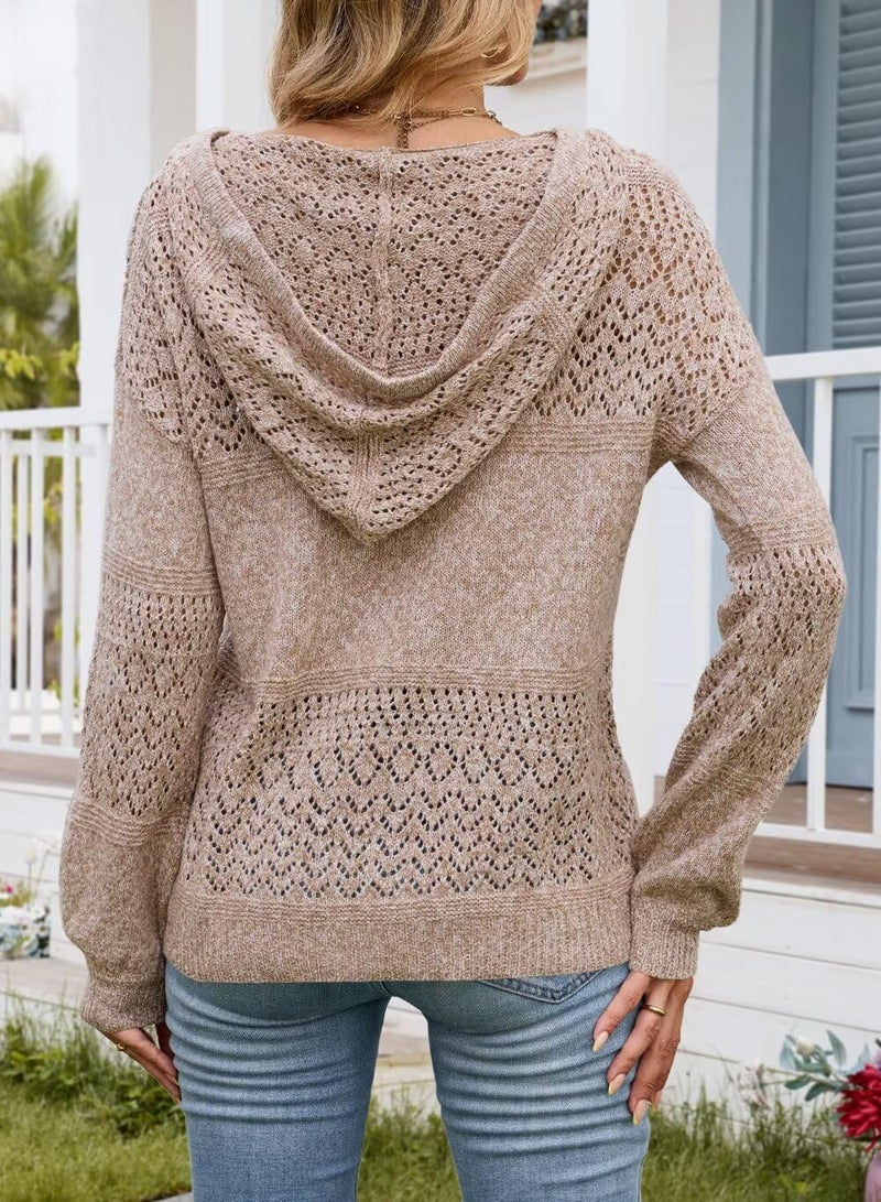 FEKOAFE Womens Causal V Neck Hollow Out Long Sleeve Hoodies Lightweight Pullover Sweaters for Women 2026 Fall Tops Khaki L - Image 5
