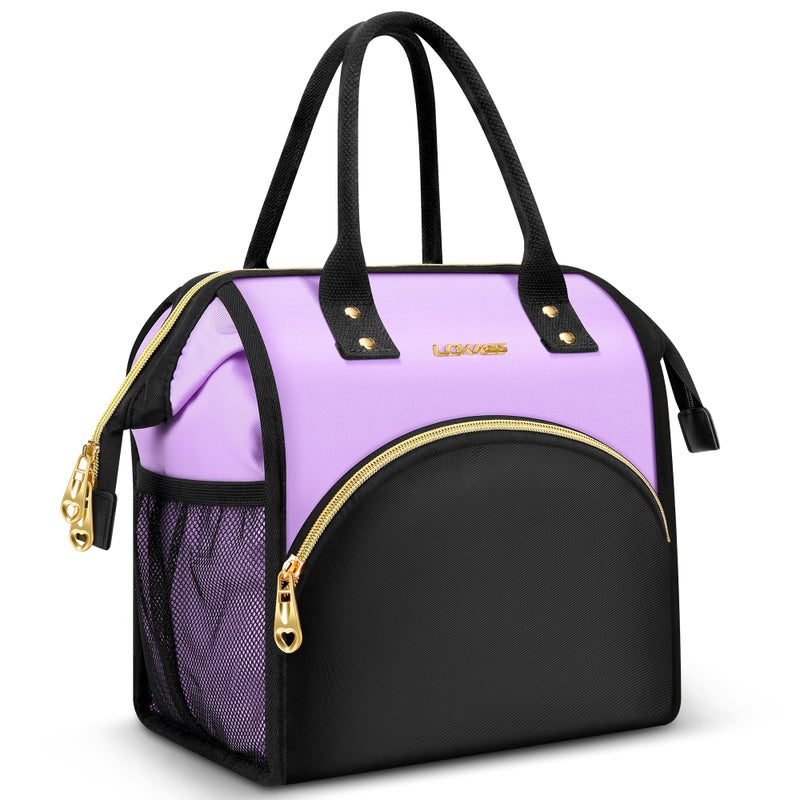 LOKASS Lunch Bag Women Insulated Lunch Box Wide-Open Lunch Tote Bag Large Drinks Holder Durable Nylon Thermal Snacks Organizer for Men Adults Work Picnic Hiking Beach Fishing, Purple + Black - Image 1