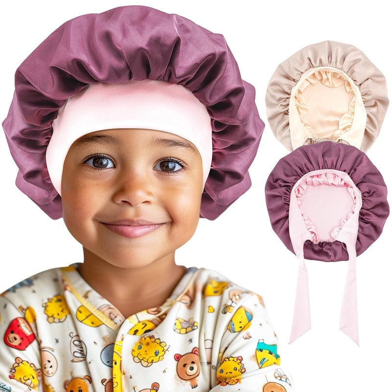 Lolalet Lolalet 2 PCS Kids Bonnets for Girls, Reversible Silk Bonnet for Sleeping Satin Bonnet Cap with Wide Elastic Band -Violet & Champagne 