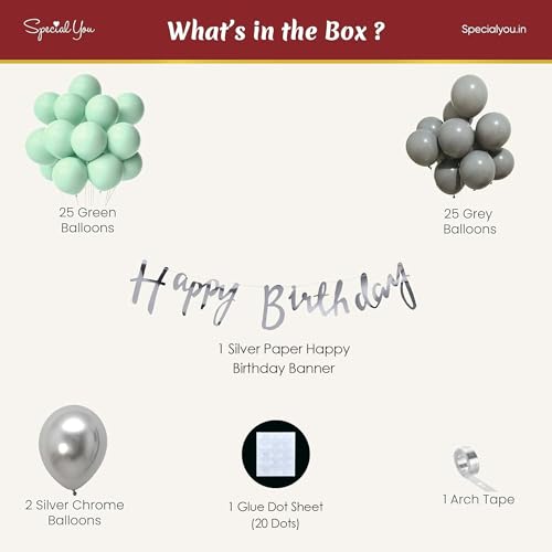 SpecialYou.in Special You Birthday Decoration Items Kit for Girls and Boys with Green, Gray and Silver chrome Balloons and Happy birthday Cursive Happy birthday Banner and arch tape for balloon garland- 55 Items - Image 2