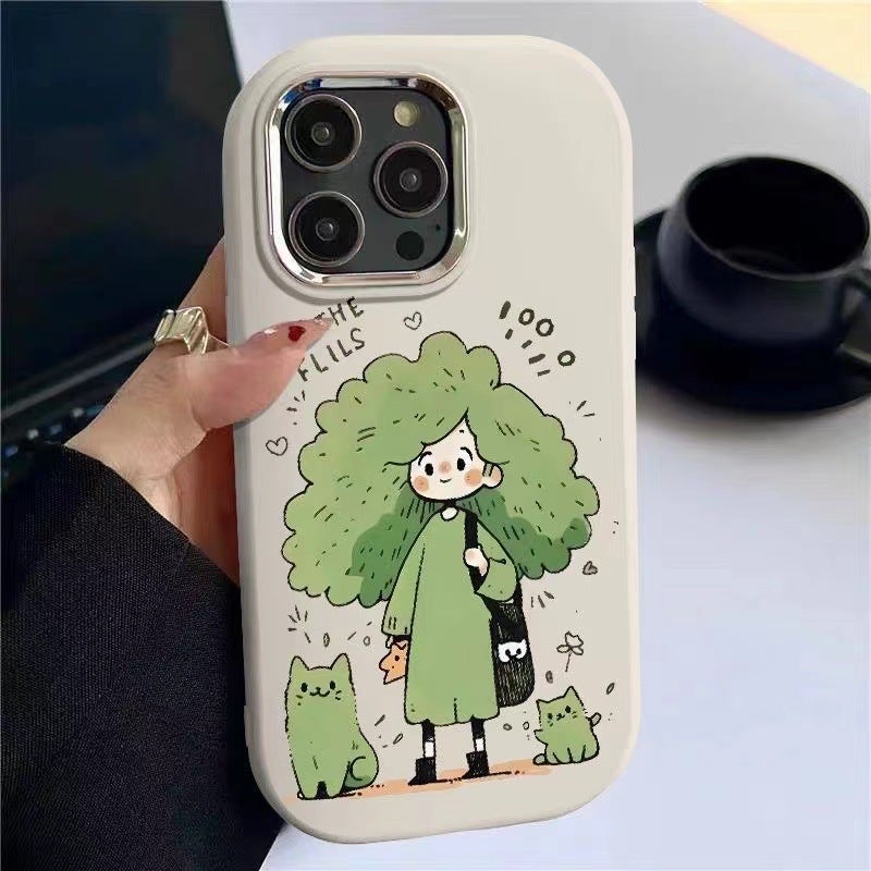 Apple iPhone 14 Pro Phone Case, TPU Shockproof Fashionable Creative Forest Girl Cat Anti-drop Soft Phone Case (White)