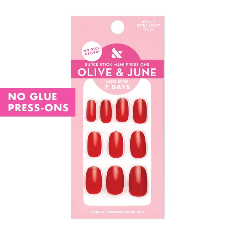 Olive & June Classic Super Stick Mani Press On Nails | No Glue Needed | 32 Tab Nails 16 Sizes | Non-Toxic Tabs Easy On-Off Non-Damaging Realist Look | 7-Day Wear | Short, Round| Lollipop Cherry Red - Image 2