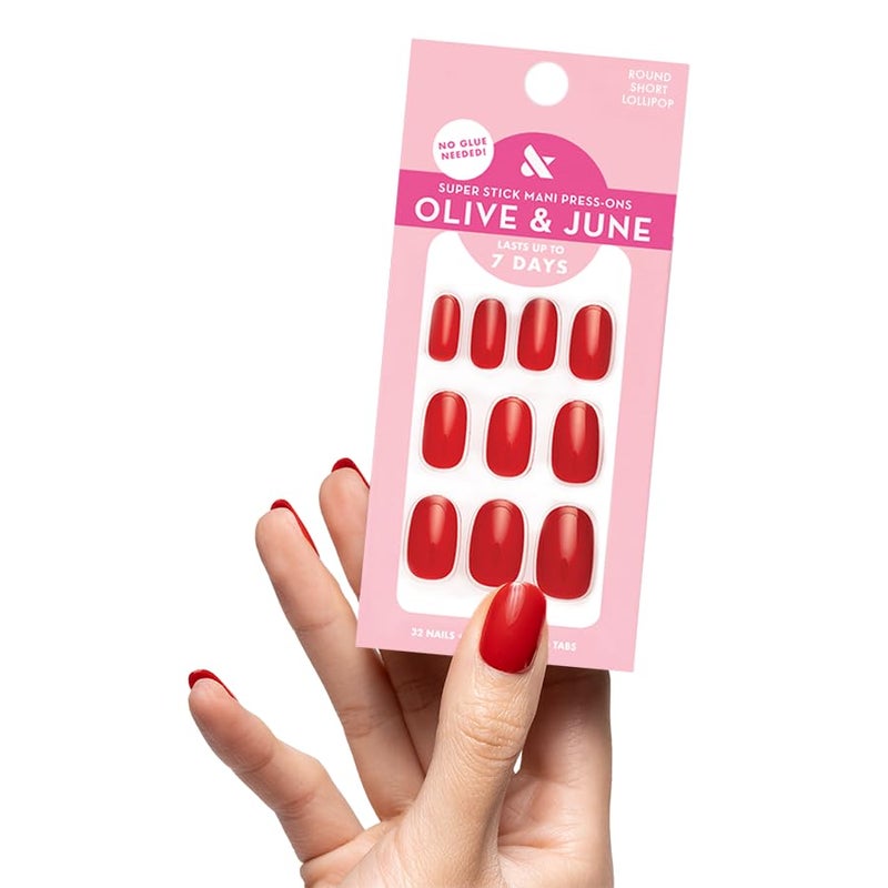 Olive & June Classic Super Stick Mani Press On Nails | No Glue Needed | 32 Tab Nails 16 Sizes | Non-Toxic Tabs Easy On-Off Non-Damaging Realist Look | 7-Day Wear | Short, Round| Lollipop Cherry Red - Image 1