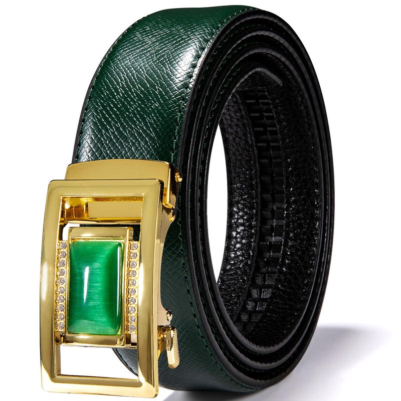 Dubulle Designer Mens Belts, Sliding Automatic Buckle Ratchet Dress Belt TOP Genuine Leather Strap Gifts, Green Gold, waist size 24'' to 38'', belt 43''(110cm) - Image 1