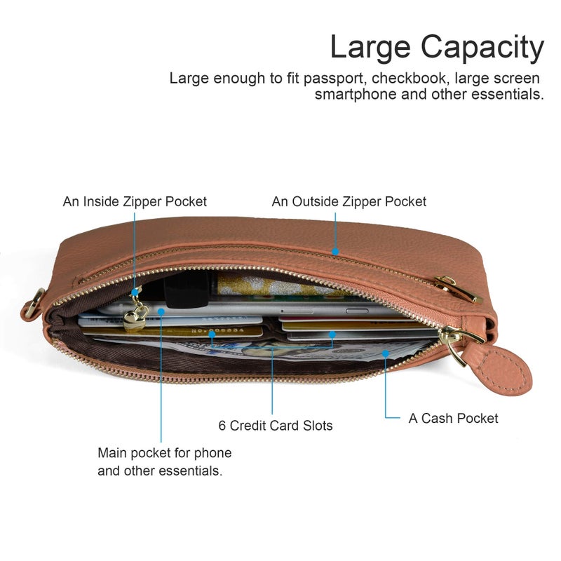 befen Women's Genuine Italian Leather Wristlet Clutch Wallet Purse, Gold Zipper (Camel) - Image 2