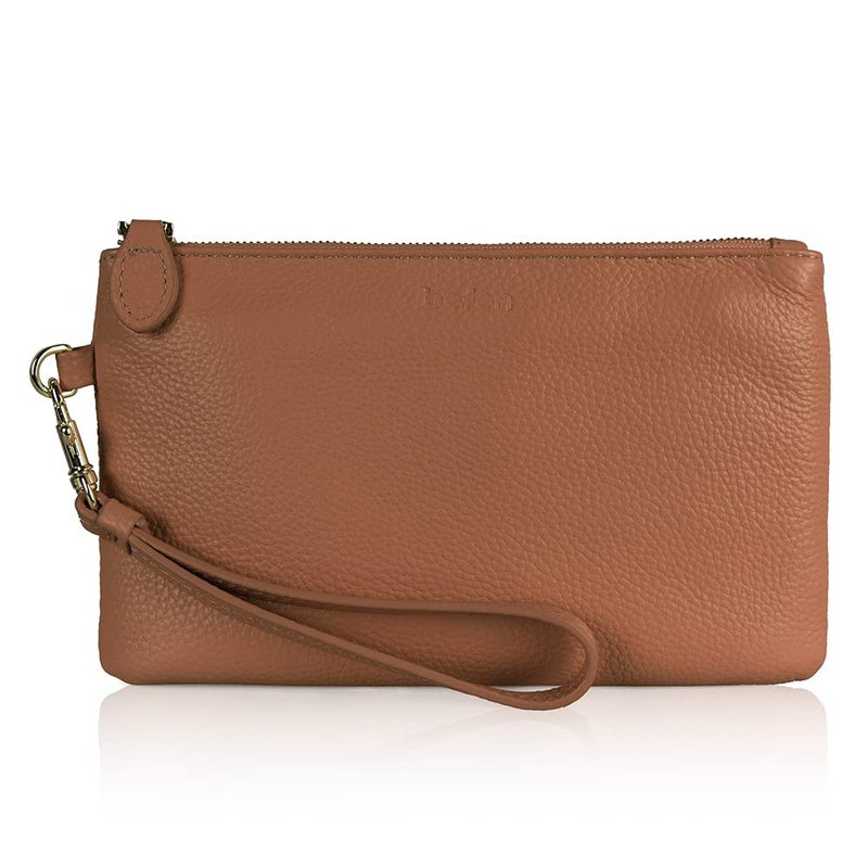 befen Women's Genuine Italian Leather Wristlet Clutch Wallet Purse, Gold Zipper (Camel) - Image 1