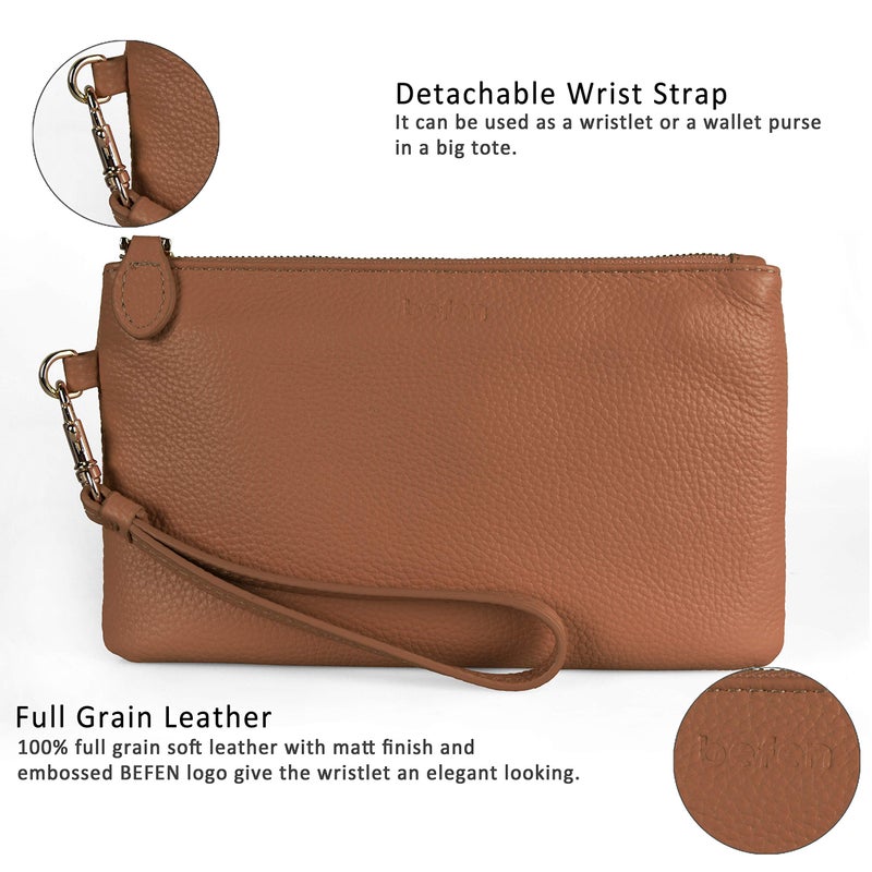 befen Women's Genuine Italian Leather Wristlet Clutch Wallet Purse, Gold Zipper (Camel) - Image 3