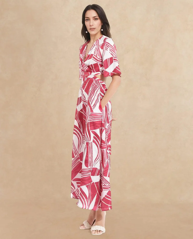 Rareism Women's Abstract Printed Wrap Neck Midi Dress