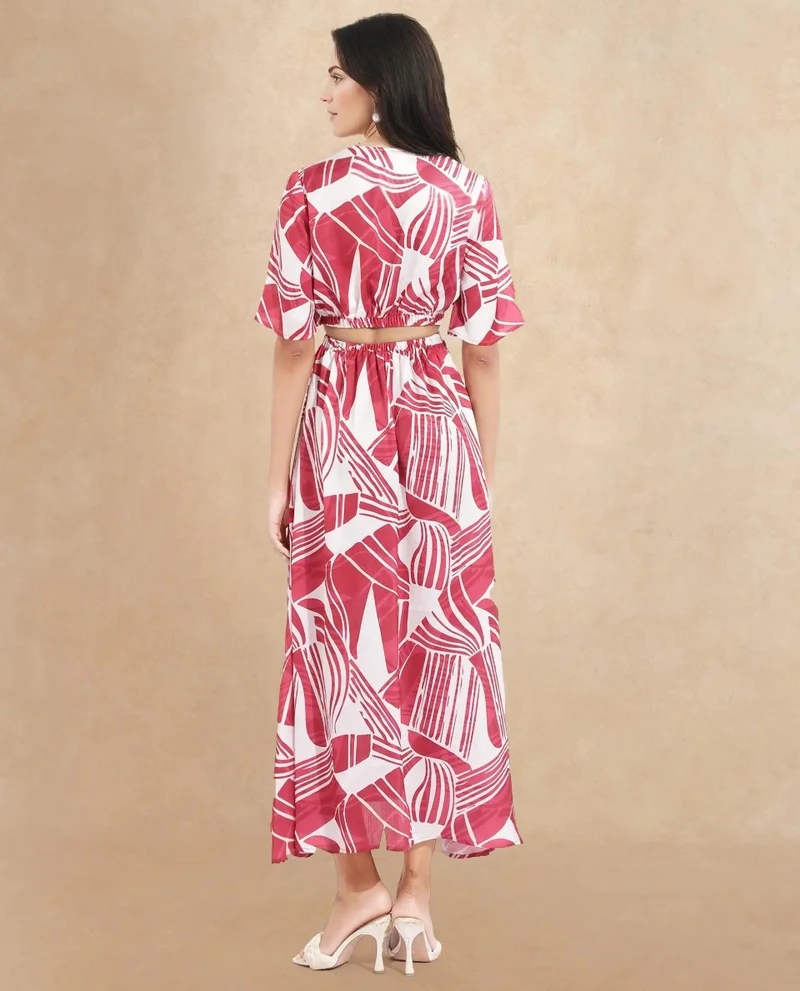 Rareism Women's Abstract Printed Wrap Neck Midi Dress