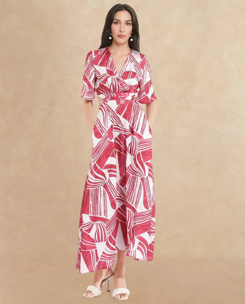 Rareism Women's Abstract Printed Wrap Neck Midi Dress