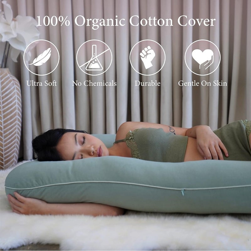 Organic Pregnancy Pillow - U Shaped Maternity Body Pillow - Sage Color - Organic Cotton Cover Full Body Pillow - Image 4