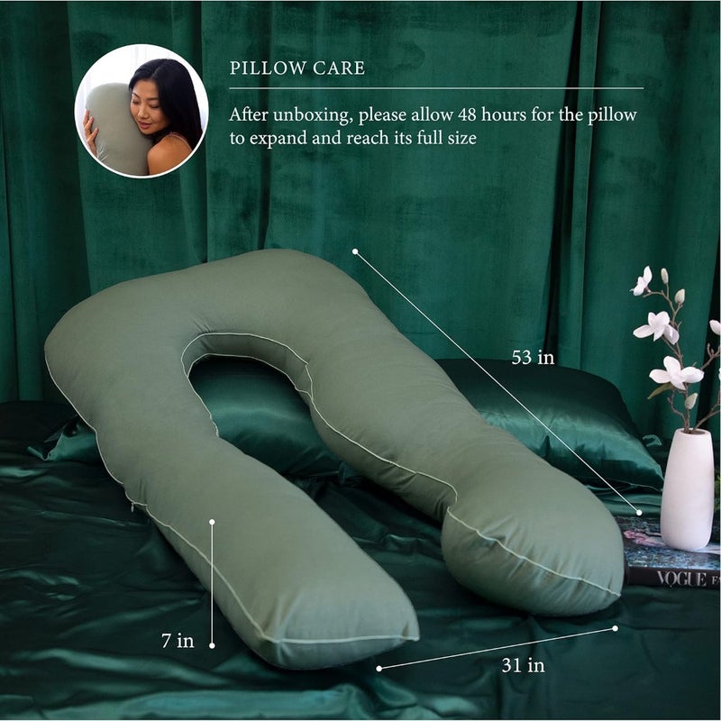 Organic Pregnancy Pillow - U Shaped Maternity Body Pillow - Sage Color - Organic Cotton Cover Full Body Pillow - Image 2