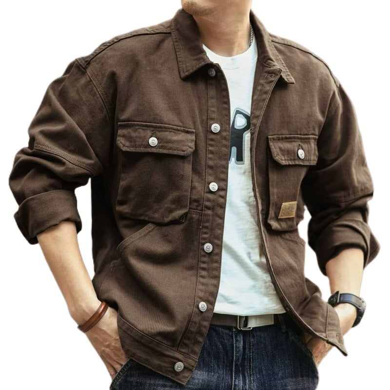 Men's Vintage Denim Jacket Fleece Lined Washed Lapel Collar Cargo Style Outerwear - Image 5