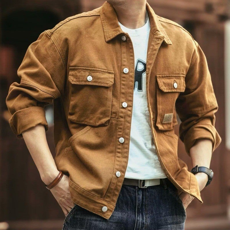 Men's Vintage Denim Jacket Fleece Lined Washed Lapel Collar Cargo Style Outerwear - Image 3