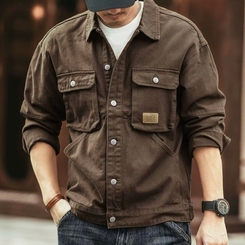 Men's Vintage Denim Jacket Fleece Lined Washed Lapel Collar Cargo Style Outerwear - Image 4