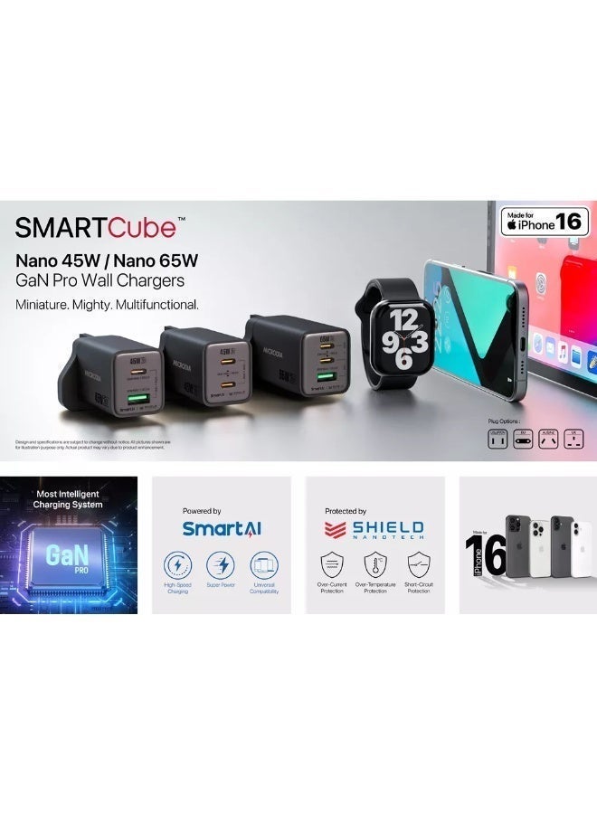 Microdia SMARTCube Nano GaN 65W Wall Charger USB-C, PD 3.0 Fast Charging Adapter with 3 Ports for iPhone, iPad, Samsung Galaxy, MacBook Air, Google Pixel  - Charcoal - Image 5