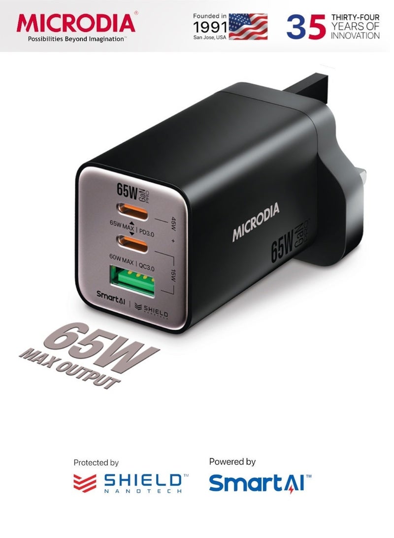 Microdia SMARTCube Nano GaN 65W Wall Charger USB-C, PD 3.0 Fast Charging Adapter with 3 Ports for iPhone, iPad, Samsung Galaxy, MacBook Air, Google Pixel  - Charcoal - Image 1