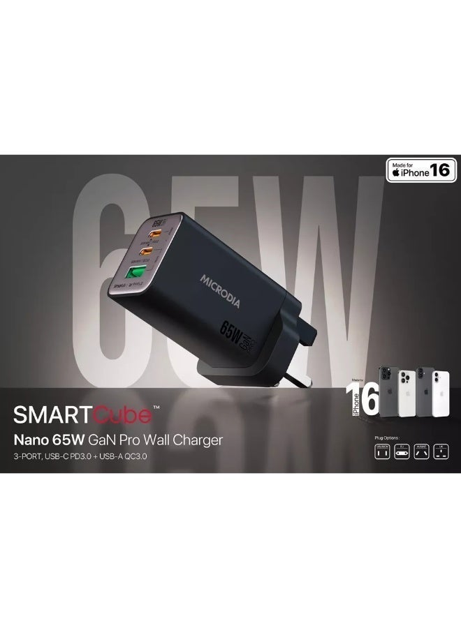 Microdia SMARTCube Nano GaN 65W Wall Charger USB-C, PD 3.0 Fast Charging Adapter with 3 Ports for iPhone, iPad, Samsung Galaxy, MacBook Air, Google Pixel  - Charcoal - Image 3