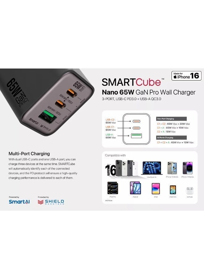 Microdia SMARTCube Nano GaN 65W Wall Charger USB-C, PD 3.0 Fast Charging Adapter with 3 Ports for iPhone, iPad, Samsung Galaxy, MacBook Air, Google Pixel  - Charcoal - Image 4