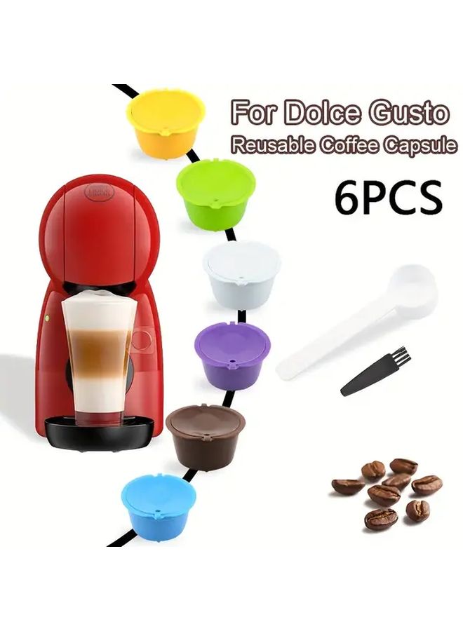 Brown Reusable Coffee Capsule Filter Cups with Spoon Brush 6Pcs Easy Clean Durable Plastic - Image 1