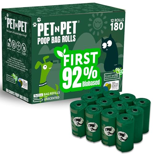 Pet N Pet 180 Counts Dog Poop Bags Rolls, 92% Plant Based Poop Bags for Dogs, Leak Proof Thick Doggie Poo Bag, Unscented Cat & Dog Waste Bag - Image 1
