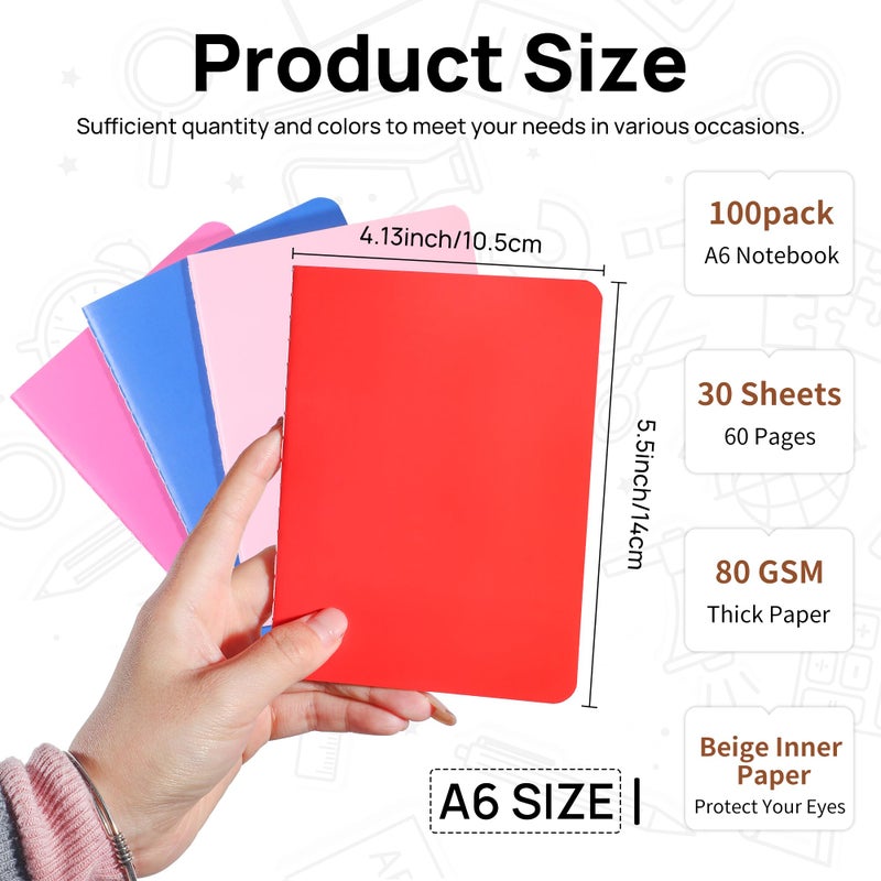 miikoul 100 Pack Small Colorful Blank Notebook Bulk,A6 Pocket Notepads Mini Journal Set for Student Traveler Office Back to School Supplies, 5.5" X 4", 30 Sheets/60 Pages,10 Colors - Image 2