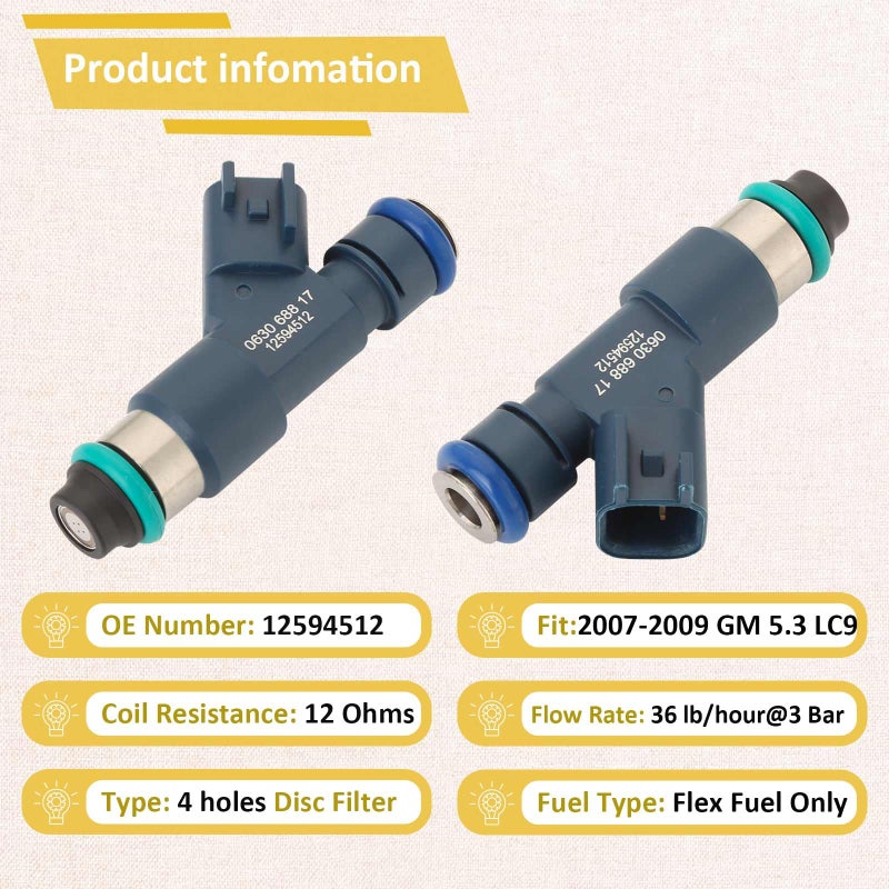 Pjvmvo GM12594512 OE 5.3L Flex Fuel Injectors,Compatible with/Chevy 5.3 Tahoe Silverado 1500 Avalanche Express,Compatible with/GMC Yukon Sierra 2007 2008 2009 |5.3L Flex LMG Engine| |4 Holes| |Set of 8| - Image 3