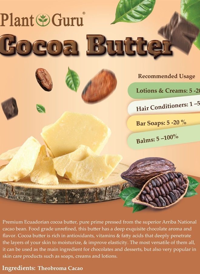 Plant Guru Raw Cocoa Butter 2 lbs. Bar - 100% Pure Natural Unrefined FOOD GRADE Arriba Nacional Cacao Bean, Great For Chocolate Making, Soap, Lip Balm and Moisturizer For DIY Body Butters - Image 3