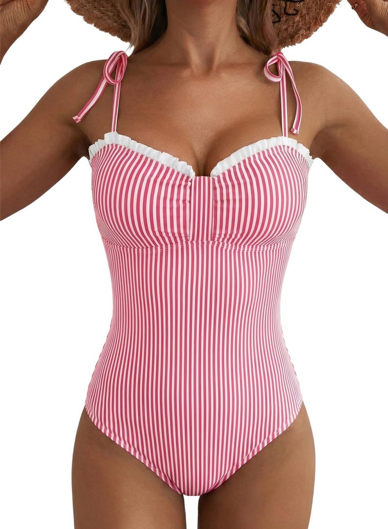 Herseas Women One Piece Swimsuit Striped High Cut Adjustable Tie Shoulders Stretchy Push Up Tummy Control Bathing Suit Romantic Beach Vacation Essentials Red Stripe X-Large - Image 1