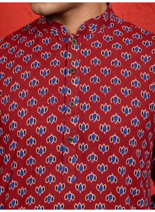 Devoiler Mens Red All-Over Printed Cotton Kurta Set - Image 2