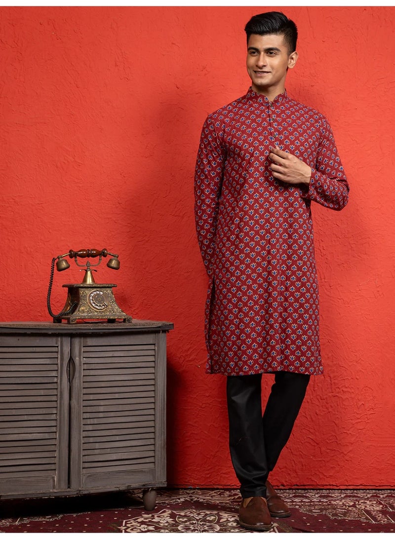 Devoiler Mens Red All-Over Printed Cotton Kurta Set - Image 3
