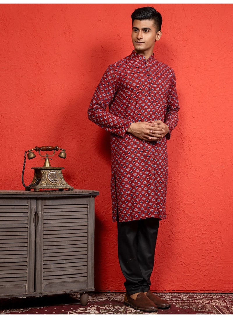 Devoiler Mens Red All-Over Printed Cotton Kurta Set - Image 4