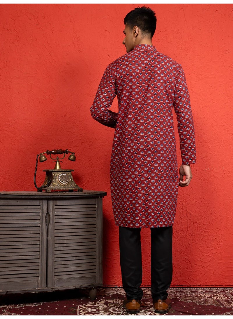 Devoiler Mens Red All-Over Printed Cotton Kurta Set - Image 5