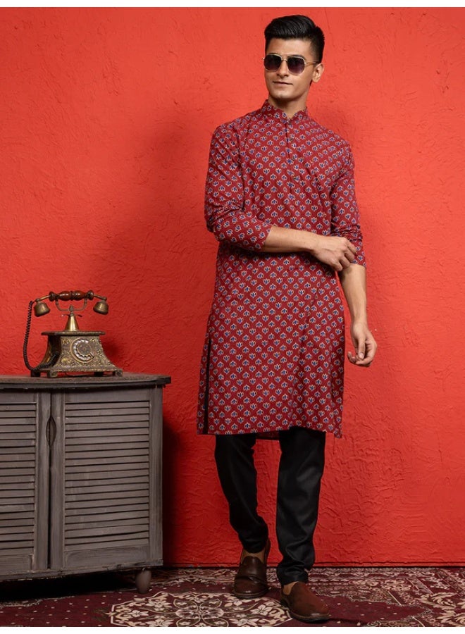 Devoiler Mens Red All-Over Printed Cotton Kurta Set - Image 1